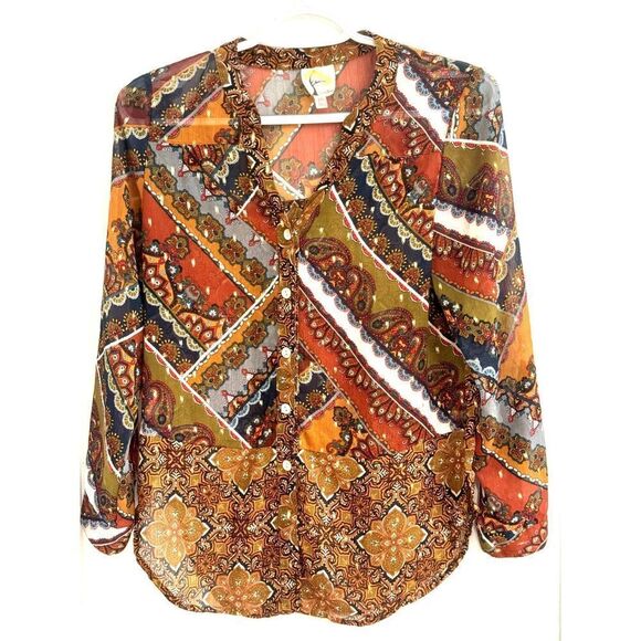 Anthropologie Fig and Flower Long Sleeve Dressy Boho Blouse Sz Small Petite EUC - Picture 1 of 9